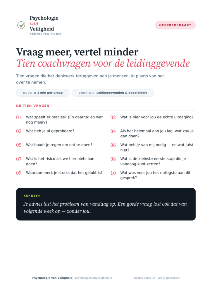 Voorbeeld van Vraag meer, vertel minder — tien coachvragen voor de leidinggevende