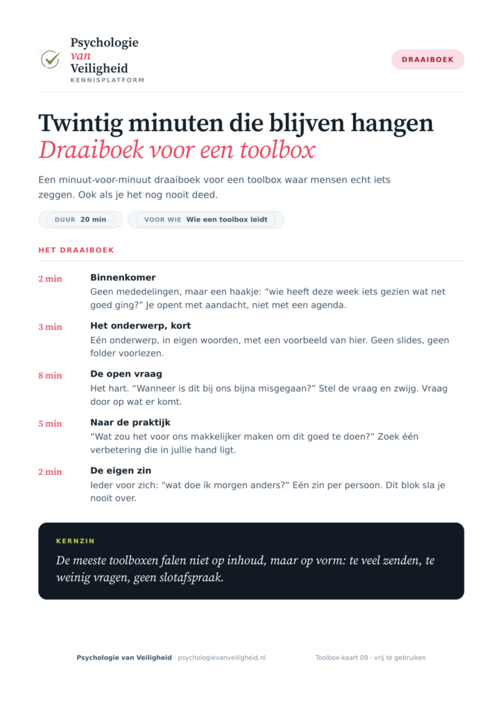 Voorbeeld van Twintig minuten die blijven hangen — draaiboek voor een toolbox